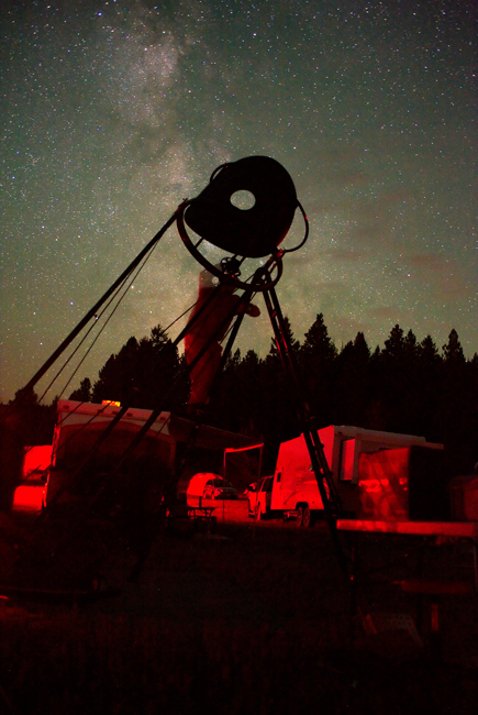 Dan Bakken of Spokane hauled his 41-inch telescope to last week’s Table Mountain Star Party, which was hosted for the fourth year by Eden Valley Guest Ranch east of Oroville. Bakken fashioned the 41-inch mirror for the telescope himself over a period of several years. It took six people to offload from Bakken’s trailer, more than two hours to set up, and stands about 14 feet high. It also attracted plenty of attention as lines of people waited for more than half an hour to see views of distant galaxies, remnants of exploded stars, and more. Above, an observer perched atop Bakken’s ladder is silhouetted (with the telescope) against the distant Milky Way. Brent Baker/submitted photo