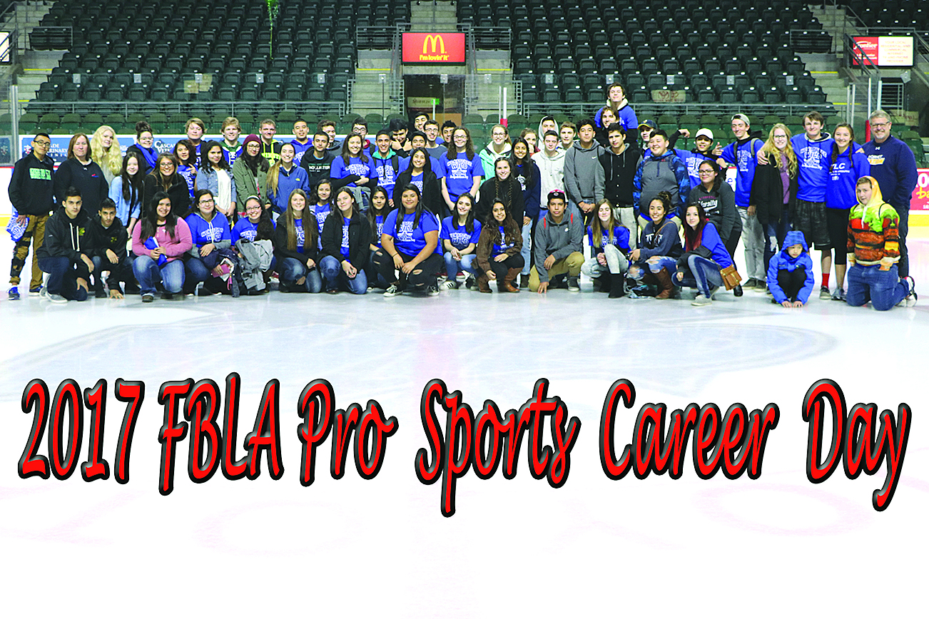 Submitted photo FBLA students on the ice at Wenatchee Wild Pro Sports Career Day. Students who attended got to meet with professional athletes from the Wenatchee Wild Hockey Team, as well as some key individuals from the Apple Sox Baseball Team and Mission Ridge Ski Area, according to OHS FBLA Advisor Tony Kindred, who also serves at Regional Advisor for the student organization and helped to organize the event. The students also got to attend a Wild's hockey match.