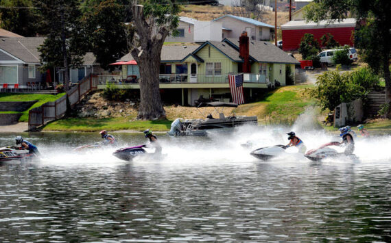 The annual Lake Osoyoos Cup Jet Ski Races were held last Saturday and Sunday at Oroville’s Deep Bay Park. In this race all the racers begin in a line and charge off to the course when they get the signal. <em>Gary De Von/staff photo </em>