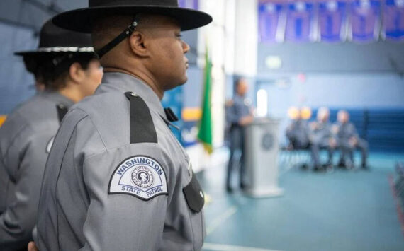 A WSP officer attends the 19th CVEO Basic Open House on Feb. 7, 2024. <em>Washington State Police media </em>