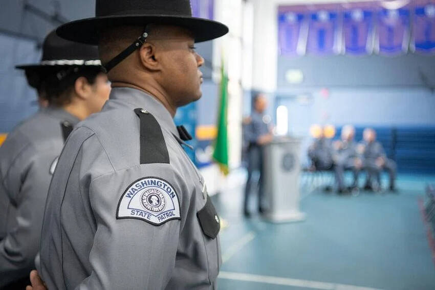 A WSP officer attends the 19th CVEO Basic Open House on Feb. 7, 2024. <em>Washington State Police media </em>