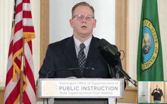 Washington State Superintendent of Public Instruction Chris Reykdal at a Sept. 23 press conferance on his budget proposal. <em>Screenshot </em>