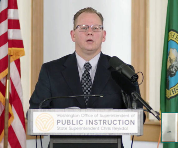 Washington State Superintendent of Public Instruction Chris Reykdal at a Sept. 23 press conferance on his budget proposal. <em>Screenshot </em>