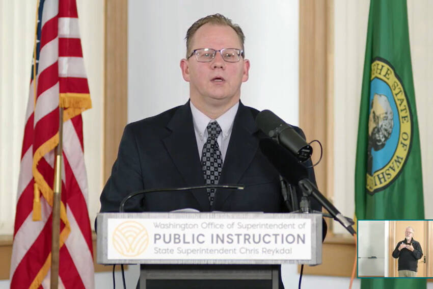 Washington State Superintendent of Public Instruction Chris Reykdal at a Sept. 23 press conferance on his budget proposal. <em>Screenshot </em>