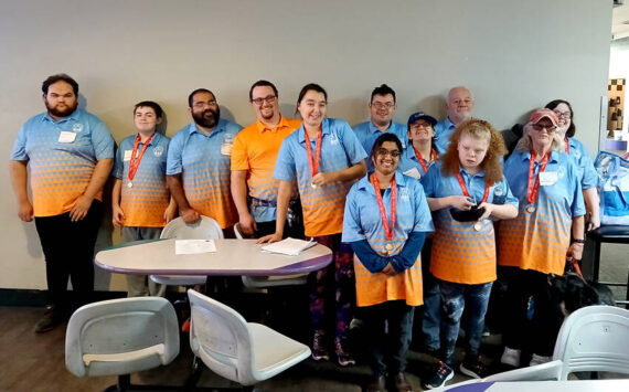 The Okanogan County Sasquatch Bowling Team: front row, l-r, Katie Christoph and Khloie Davis; middle row, Shaylee Tonasket, Connie Sanders and Mary Miller and back row, Micheal Munroe, Jaxsin Rizzonelli, Jorge Nunez, Coach Robin Verbeck, Nathan Hehner, Danny Hehner and Emilie Vance. <em>Submitted photo </em>