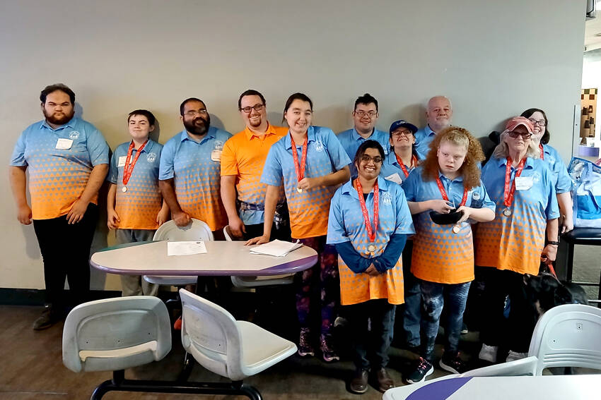 The Okanogan County Sasquatch Bowling Team: front row, l-r, Katie Christoph and Khloie Davis; middle row, Shaylee Tonasket, Connie Sanders and Mary Miller and back row, Micheal Munroe, Jaxsin Rizzonelli, Jorge Nunez, Coach Robin Verbeck, Nathan Hehner, Danny Hehner and Emilie Vance. <em>Submitted photo </em>