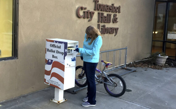 Gary DeVon/staff photo A Tonasket area voter drops her ballot off at one of three ballot boxes in the county. According to Tonasket Mayor Patrick Plumb and City Clerk Alice Attwood, the box outside City Hall has been well used, with voters dropping off their ballots as late as 7:59 p.m. on election night.
Gary DeVon/GT file photo