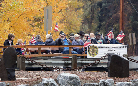 Some veterans from the Brict, Smith, Schmeling American Legion Post. #82 arrived at the Armed Forces Legacy Memorial in a float. <em>Laura Knowlton/staff photos</em>