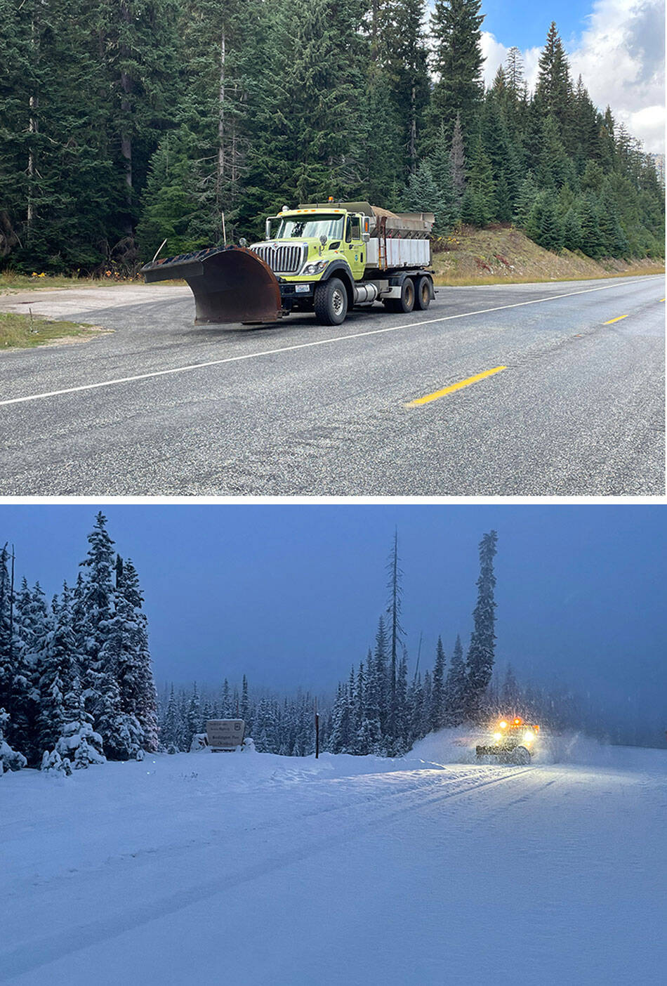 The weather can change quickly on the SR 20 North Cascades Highway. These pictures were taken within two days of each other in October. WSDOT photos