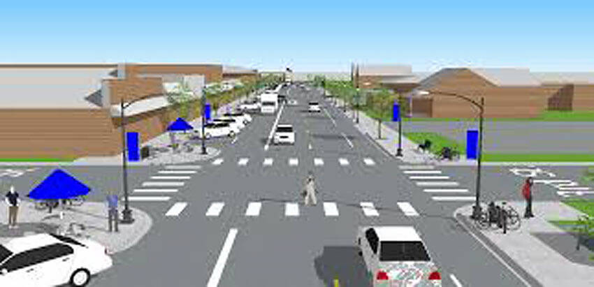 An illustration of what the Perfect Passage Project is intended to look like showing trees placed in the sidewalks outside some of the downtown businesses.
Source: City of Tonasket