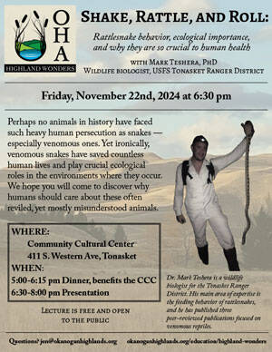 The Shake Rattle and Roll presentation about rattlesnakes takes place at the CCC of Tonasket on Friday, Nov. 22.