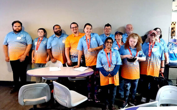 Members of the Sasquatch Bowling Team, front, l-r, Katie Christoph and Khloie Davis; middle row, Shaylee Tonasket, Connie Sanders, and Mary Miller and back row, Micheal Munroe, Jaxsin Rizzonelli, Jorge Nunez, Robin Verbeck, Nathan Hehner, Danny Hehner, and Emilie Vance. Submitted photo