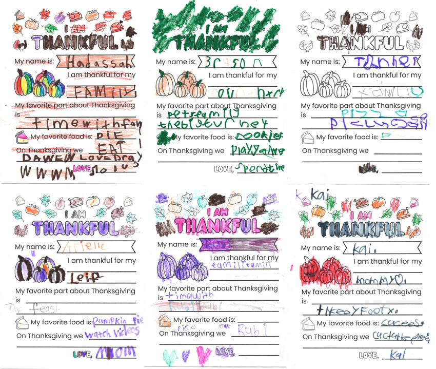 Oroville and Tonaket Elementary students in the primary grades were asked what they were thankful for on Thanksgiving. These are a few samples of their comments.