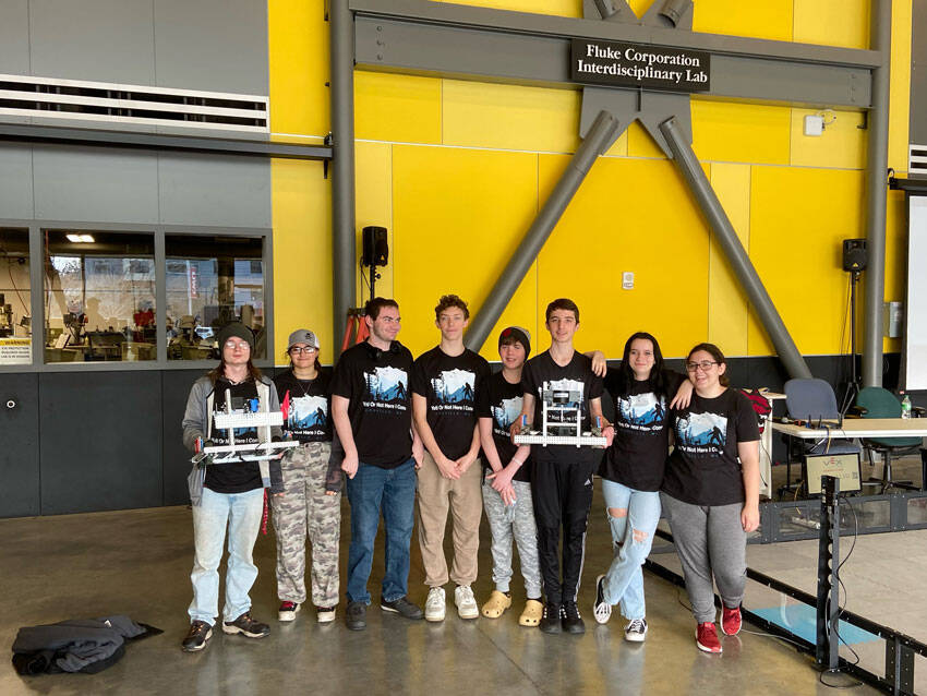 Oroville Robotics competitors, l-r, Elias DeFord, Laicey Gimello, Mathias Hamilton, Joseph Cox, Travis Darley, Jaxon Darley, Izzy Cline, and Erin Gimello, Not pictured, Johnny Hamilton. Submitted photo