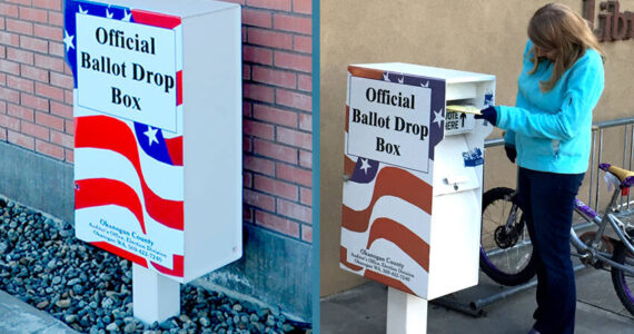 Okanogan County Ballot boxes in Oroville and Tonasket. Oroville's, left, is at the Oroville Police Station and Tonasket's is at city hall. New Washington state legislation, if passed, could fund video security cameras through a grant program. The legislation is in response to two ballot boxes that were set on fire prior to the November general election. GT file photos.