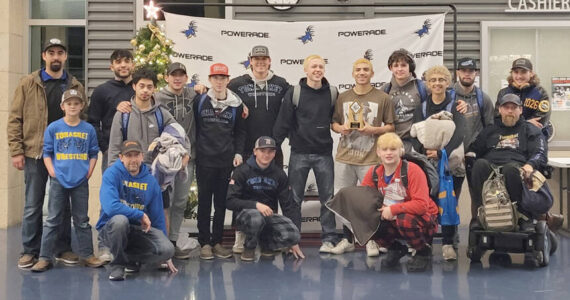 The Tonasket High School Boys Wrestling Team with Coaches Cole Denison and Trampus Stucker. The Tigers wrestled in the Deer Park and Omak tournaments. Submitted photo