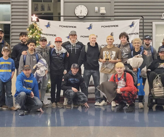 The Tonasket High School Boys Wrestling Team with Coaches Cole Denison and Trampus Stucker. The Tigers wrestled in the Deer Park and Omak tournaments. Submitted photo