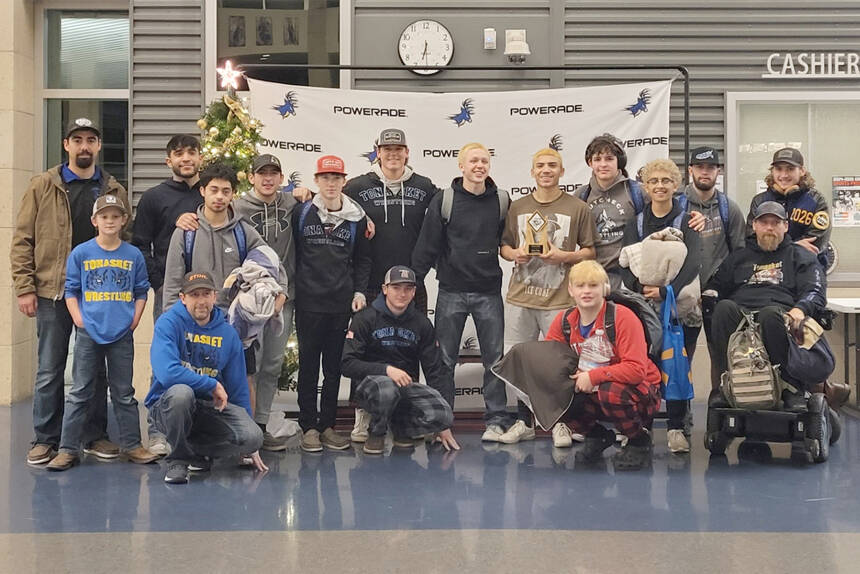 The Tonasket High School Boys Wrestling Team with Coaches Cole Denison and Trampus Stucker. The Tigers wrestled in the Deer Park and Omak tournaments. Submitted photo