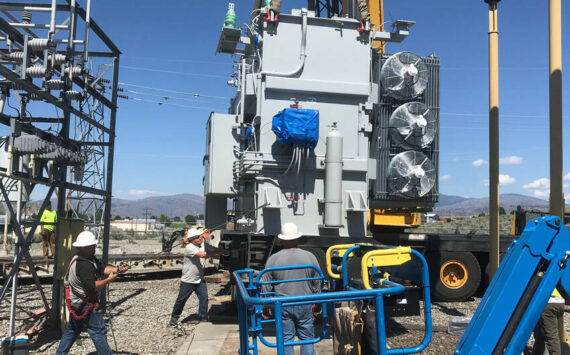 Okanogan County PUD replaced old power transformers in substations throughout the county in 2022 and Tonasket’s substation was completely rebuilt. This transformer in Okanogan replaced an old 108,000-pound transformer (reddish color) with a new 68,000-pound transformer (gray) that improves efficiency and reliability for the electric grid. OKPUD/GT file photo