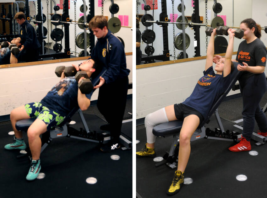 Maico Duarte, left,, was one of the Oroville Hornet Wrestlers last week who took part in the liftathon to raise money for the team. Also lifting for the team was Erin Dimello. Coach Chuck Ricevuto who also lifted said, “Everyone on the team lifted and I think we raised close to $3000, which is a new record.” Gary DeVon/staff photos