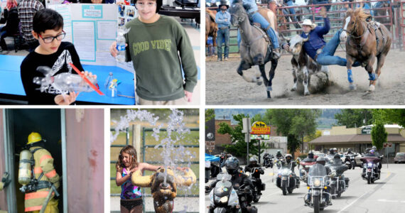 (Clockwise from left) • Alfredo Alejandre winds up a twin rubber band-powered model sub made from a plastic bottle. He was paired up with Choice High School student Brandi Rodriguez on a project titled “Do submarines need fins.” Also pictured is fifth-grader Rowan Jones. • Steer wrestling at the 2024 Tonasket Founders Day Rodeo • After a four-year absence, the Run for the Border Charity Motorcycle ride returned to Oroville for Armed Services Day on Saturday, May 18. The 150-mile ride from Wenatchee and back is sponsored by the Columbia River Harley Owners Group (HOG). • Tonasket Water Ranch Splash Park is a great place to help your friends cool off. • A firefighter enters a training Connex container used as a training tool to simulate a house on fire. The training took place in Tonasket and several area fire departments participated. Gary DeVon & Laura Knowlton/staff photos.