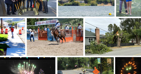 Looking Back at 2024 in photos top, l-r, Groundbreaking –After 24 years of hard work and planning, the Perfect Passage Project vision is turning into reality. On Aug. 27, members of the Tonasket City Council and City Clerk Alice Attwood were joined by former Councilmember Jill Ritter, Washington State Rep. Jacquelin Maycumber, Varela & Associates Engineer Kurt Holland, DOT’s Clayton Verellien, City Planner Kurt Danison and Tonasket Chamber President Michael Stewart in celebrating the event. Firefighting – A $30 million purpose-built Bridger Aerospace Super Scooper was among the planes scooping water out of Osoyoos in August to drop on the Sunset Fire northeast of Oroville in the 9 Mile area. The plane can scoop up 14,000 gallons of water in 12 seconds. This was one of nine planes that were fighting the fire, about 2.5 miles from the Canadian Border. Garlic Festival – The rain didn’t keep the fun away during the Garlic Festival in Tonasket, (middle row) Ironwood Project – Yee Haw Chesaw – The Chesaw Fourth of July Rodeo took place under sunny skies. The rodeo was well attended as saddle, ranch and bareback riders competed as well as cow riders and barrel racers, A Mighty Wind – A rain and windstorm hit the north end of the county blowing over several large trees in the Oroville area and knocking out electrical power to parts of Oroville and as far south as Ellisforde. (bottom row) – Christmas Light Up - The grand finale of his year’s Oroville Community Christmas Tree Lighting was a fireworks display provided by Discount Fireworks, Bike Tour-ists - A group of five bicyclists make their way to Oroville’s Osoyoos Lake Veterans Park in July. They were part of a Bicycle Rides Northwest tour group of about 300 bicyclists and 60 support staff, Happy 4th of July – A smiley face was just one of the many oohs and awes at the Oroville Community Fireworks Display at Deep Bay Park. Gary De Von & Laura Knowlton/staff photos.