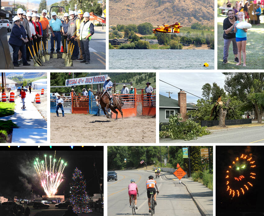 Looking Back at 2024 in photos top, l-r, Groundbreaking –After 24 years of hard work and planning, the Perfect Passage Project vision is turning into reality. On Aug. 27, members of the Tonasket City Council and City Clerk Alice Attwood were joined by former Councilmember Jill Ritter, Washington State Rep. Jacquelin Maycumber, Varela & Associates Engineer Kurt Holland, DOT’s Clayton Verellien, City Planner Kurt Danison and Tonasket Chamber President Michael Stewart in celebrating the event. Firefighting – A $30 million purpose-built Bridger Aerospace Super Scooper was among the planes scooping water out of Osoyoos in August to drop on the Sunset Fire northeast of Oroville in the 9 Mile area. The plane can scoop up 14,000 gallons of water in 12 seconds. This was one of nine planes that were fighting the fire, about 2.5 miles from the Canadian Border. Garlic Festival – The rain didn’t keep the fun away during the Garlic Festival in Tonasket, (middle row) Ironwood Project – Yee Haw Chesaw – The Chesaw Fourth of July Rodeo took place under sunny skies. The rodeo was well attended as saddle, ranch and bareback riders competed as well as cow riders and barrel racers, A Mighty Wind – A rain and windstorm hit the north end of the county blowing over several large trees in the Oroville area and knocking out electrical power to parts of Oroville and as far south as Ellisforde. (bottom row) – Christmas Light Up - The grand finale of his year’s Oroville Community Christmas Tree Lighting was a fireworks display provided by Discount Fireworks, Bike Tour-ists - A group of five bicyclists make their way to Oroville’s Osoyoos Lake Veterans Park in July. They were part of a Bicycle Rides Northwest tour group of about 300 bicyclists and 60 support staff, Happy 4th of July – A smiley face was just one of the many oohs and awes at the Oroville Community Fireworks Display at Deep Bay Park. Gary De Von & Laura Knowlton/staff photos.