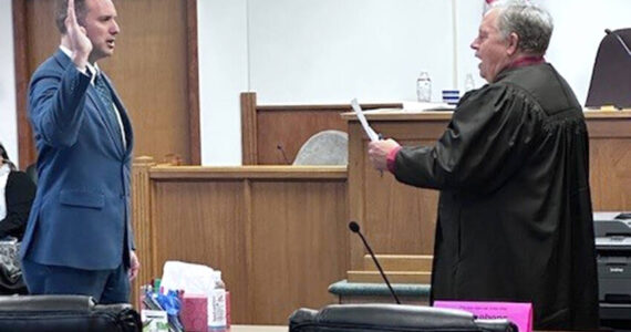 Rep. Hunter Abell, R-Inchelium, took his oath of office at the Ferry County Courthouse on Dec. 23, 2024, which Judge Patrick Monasmith administered.. Submitted photo.