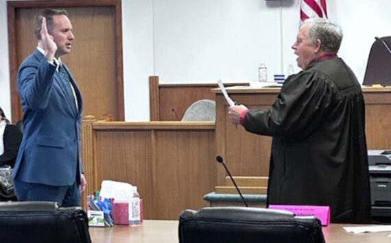 Rep. Hunter Abell, R-Inchelium, took his oath of office at the Ferry County Courthouse on Dec. 23, 2024, which Judge Patrick Monasmith administered.. Submitted photo.