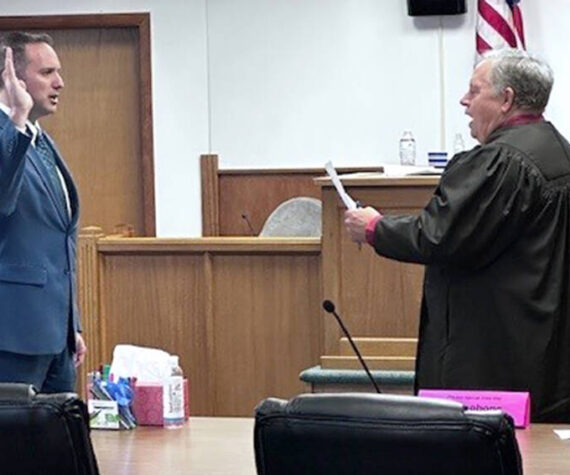 Rep. Hunter Abell, R-Inchelium, took his oath of office at the Ferry County Courthouse on Dec. 23, 2024, which Judge Patrick Monasmith administered.. Submitted photo.