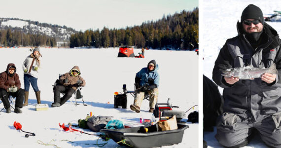 Participants in the 3rd Annual Bonaparte Lake Ice Fishing Derby enjoyed sunny skies and excellent ice conditions. The event drew in 320 anglers, making it the largest ice fishing tournament in Washington. Laura Knowlton/staff photos