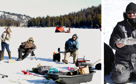 Participants in the 3rd Annual Bonaparte Lake Ice Fishing Derby enjoyed sunny skies and excellent ice conditions. The event drew in 320 anglers, making it the largest ice fishing tournament in Washington. Laura Knowlton/staff photos