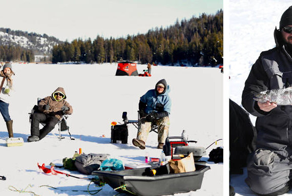 Participants in the 3rd Annual Bonaparte Lake Ice Fishing Derby enjoyed sunny skies and excellent ice conditions. The event drew in 320 anglers, making it the largest ice fishing tournament in Washington. Laura Knowlton/staff photos