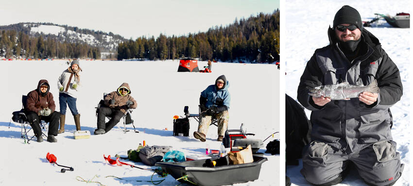 Participants in the 3rd Annual Bonaparte Lake Ice Fishing Derby enjoyed sunny skies and excellent ice conditions. The event drew in 320 anglers, making it the largest ice fishing tournament in Washington. Laura Knowlton/staff photos