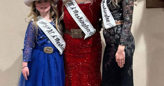 The Omak Elks Lodge hosted the grand coronation and fundraiser event for the 2025 Rodeo Champions of American (RCA) Washington Royalty. Pictured left to right: Little Miss RCA, Taya Asmussen; Miss RCA Washington, Macy Vassar; and Miss Teen RCA Washington, Natalie Brownlee. The event raised $9000.00 for the cause. Roni DeVon/submitted photo