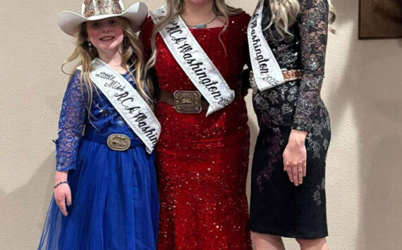 The Omak Elks Lodge hosted the grand coronation and fundraiser event for the 2025 Rodeo Champions of American (RCA) Washington Royalty. Pictured left to right: Little Miss RCA, Taya Asmussen; Miss RCA Washington, Macy Vassar; and Miss Teen RCA Washington, Natalie Brownlee. The event raised $9000.00 for the cause. Roni De Von/submitted photo