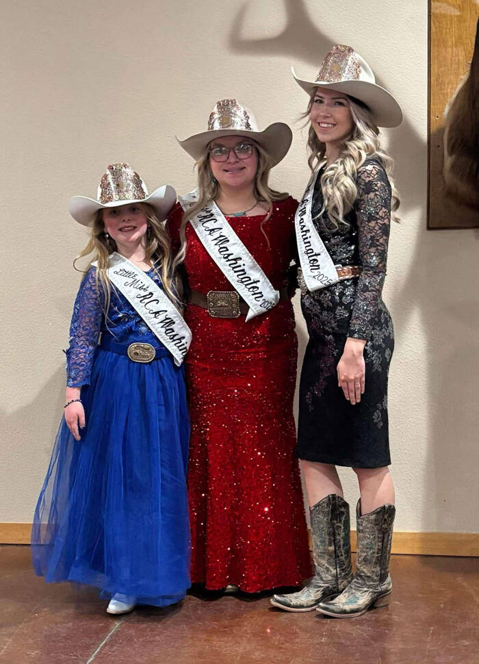 The Omak Elks Lodge hosted the grand coronation and fundraiser event for the 2025 Rodeo Champions of American (RCA) Washington Royalty. Pictured left to right: Little Miss RCA, Taya Asmussen; Miss RCA Washington, Macy Vassar; and Miss Teen RCA Washington, Natalie Brownlee. The event raised $9000.00 for the cause. Roni DeVon/submitted photo