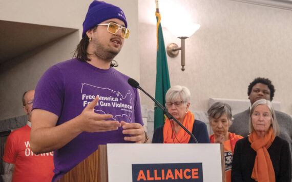 Robert Schentrup, a member of Alliance for Gun Responsibility, was among those who shared stories during a press conference on Jan. 21 in Olympia. WNPA photo