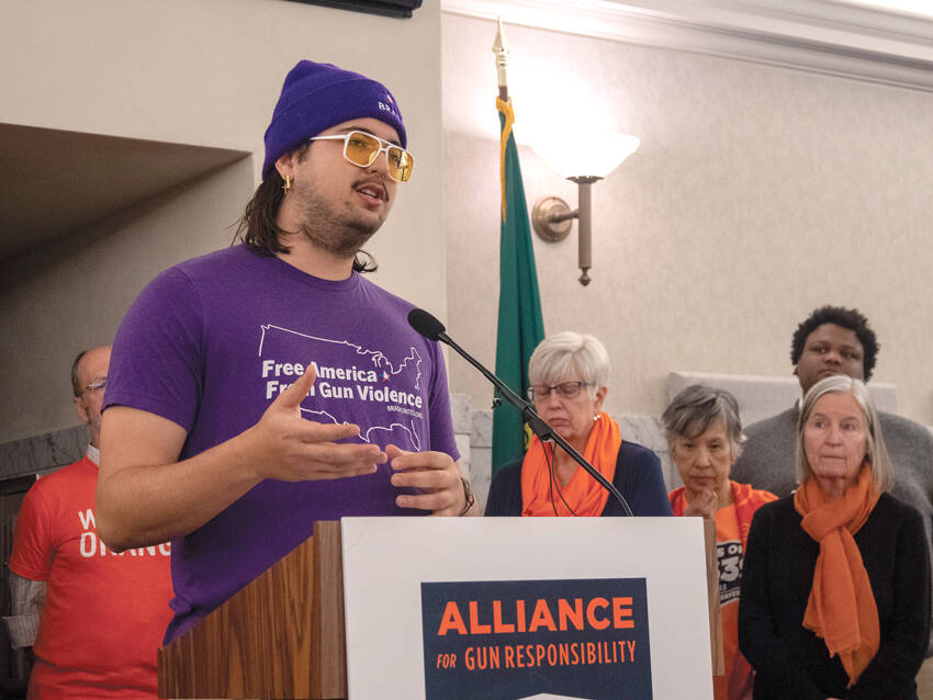 Robert Schentrup, a member of Alliance for Gun Responsibility, was among those who shared stories during a press conference on Jan. 21 in Olympia. WNPA photo