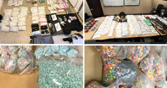 Photos of some of the large amount of illegal drugs, including approximately 161,000 fentanyl-laced pills , 80 pounds of methamphetamine, six pounds of heroin and more than two pounds of cocaine. seized by law enforcement in April 2023, along with 12 firearms.