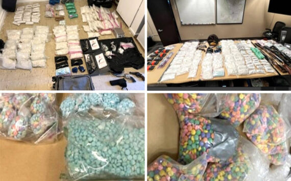 Photos of some of the large amount of illegal drugs, including approximately 161,000 fentanyl-laced pills , 80 pounds of methamphetamine, six pounds of heroin and more than two pounds of cocaine. seized by law enforcement in April 2023, along with 12 firearms.