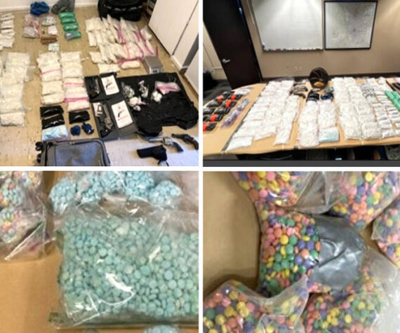 Photos of some of the large amount of illegal drugs, including approximately 161,000 fentanyl-laced pills , 80 pounds of methamphetamine, six pounds of heroin and more than two pounds of cocaine. seized by law enforcement in April 2023, along with 12 firearms.