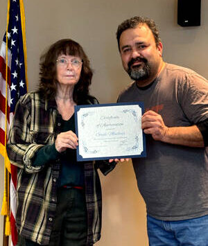 Mayor Rene Maldonado presented Gayle Mailloux with a certificate of appreciation, honoring her dedicated service as the former Planning Commission Chair, on Feb. 25. Alice Attwood/submitted photo