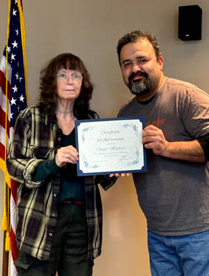 Mayor Rene Maldonado presented Gayle Mailloux with a certificate of appreciation, honoring her dedicated service as the former Planning Commission Chair, on Feb. 25. Alice Attwood/submitted photo