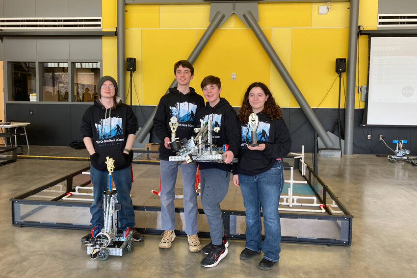 Oroville Team CWU09, l-r, with driver-engineer Elias DeFord, a junior; Jaxon Darley, a freshman; Travis Darley, a 7th grader and Erin Gimello, a sophomore, received the Tournament Champion award. Submitted photo